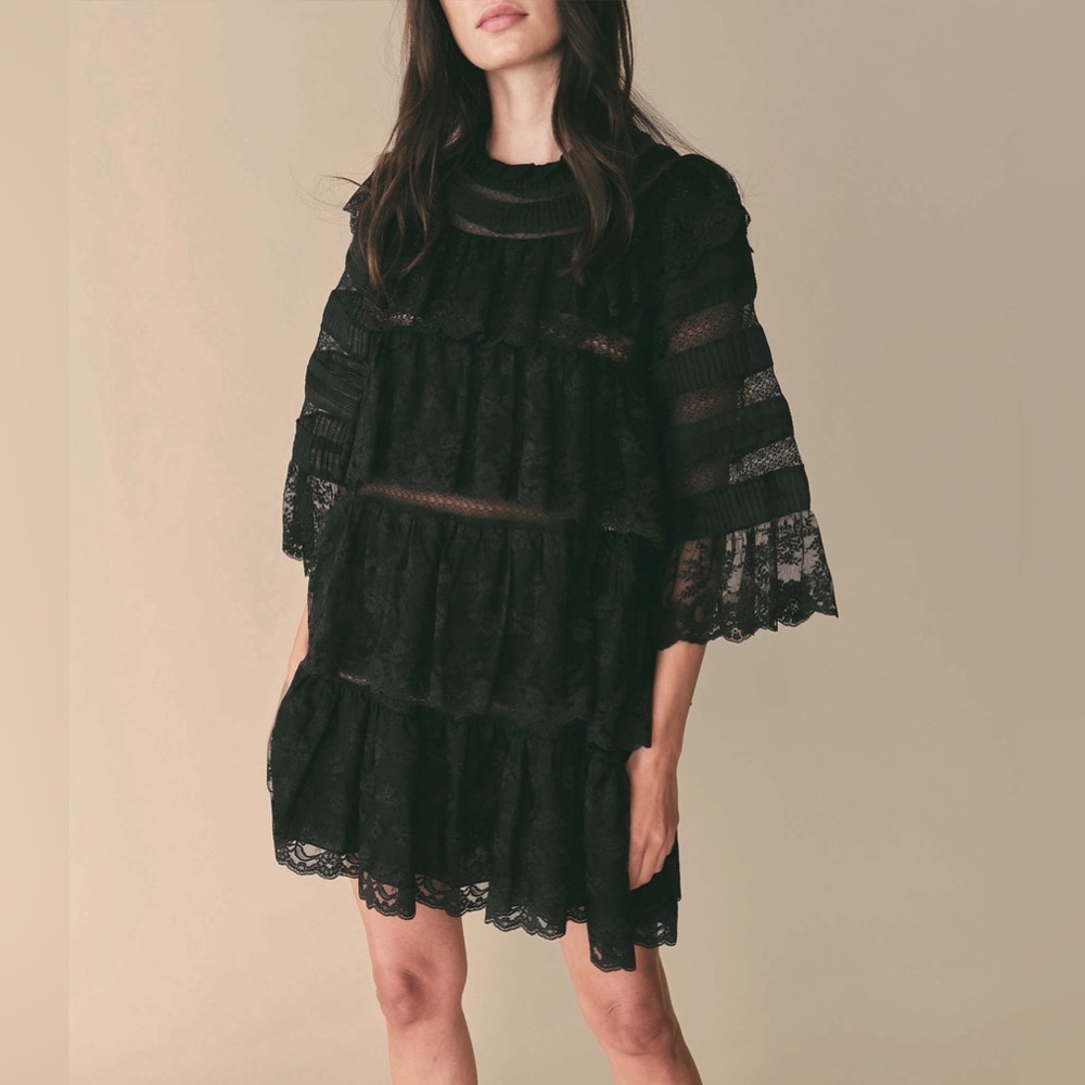 DÔEN Oralie Lace Tiered Dress Black XL